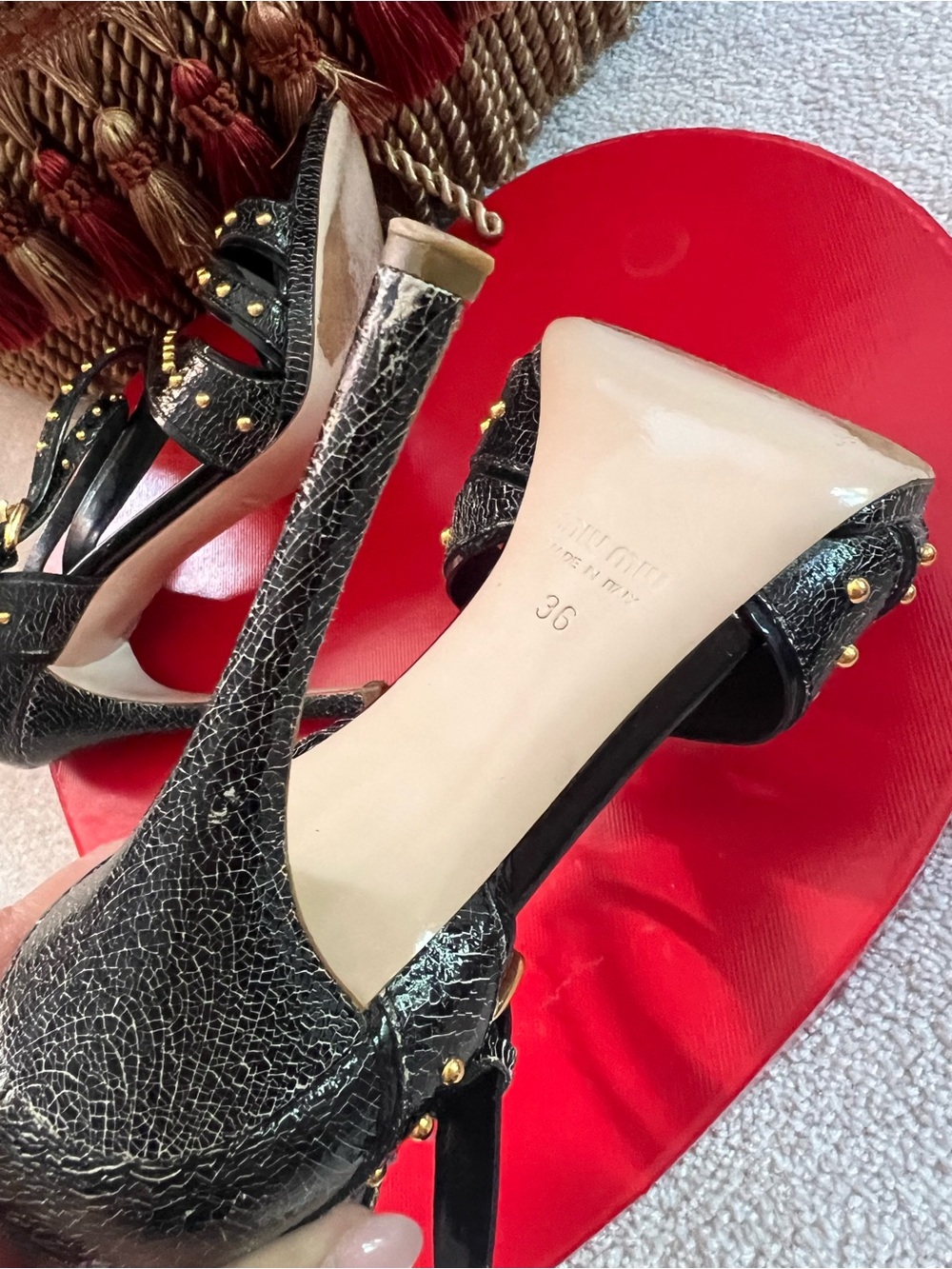 Miu Miu Black Crackled Leather Studded Strappy High-Heel Sandals ā¤ļøāš„ - Picture 10 of 16
